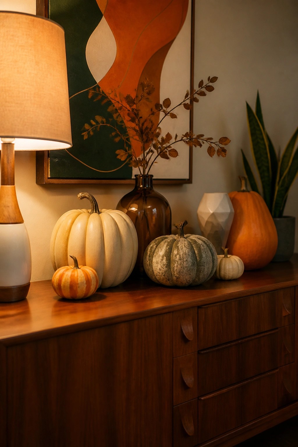 Assorted pumpkins, vases with branches, and lit lamp on wooden dresser