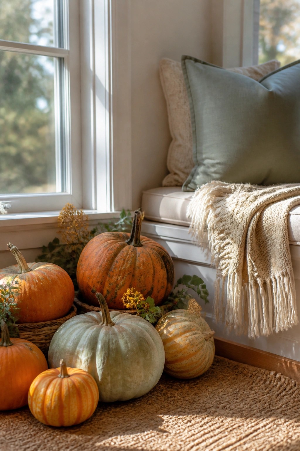 A window bench area with assorted orange and green pumpkins arranged on a woven rug, some placed in baskets with greenery nearby.