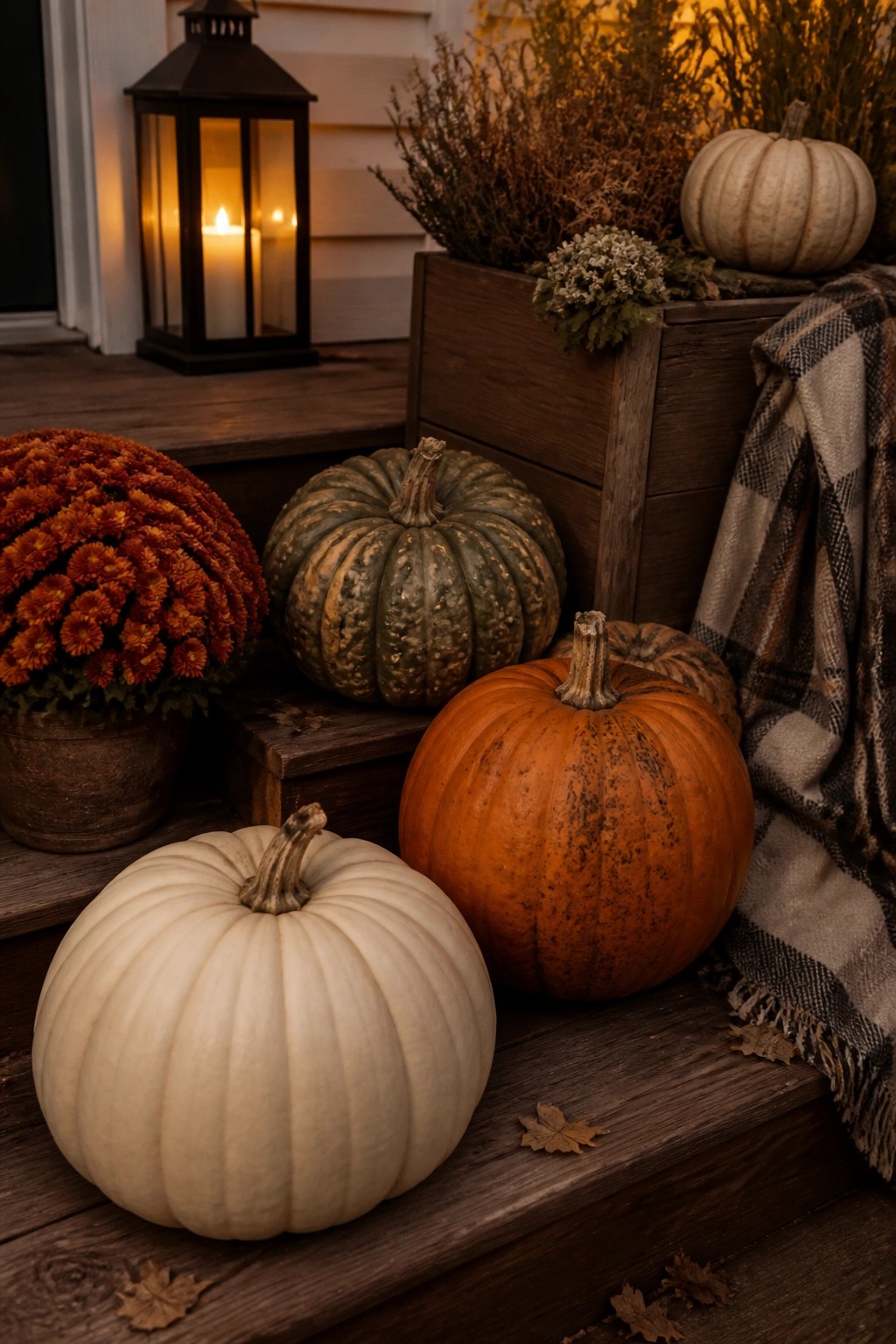 Pumpkins in orange, white, and green on wooden steps with lit lantern and plaid blanket