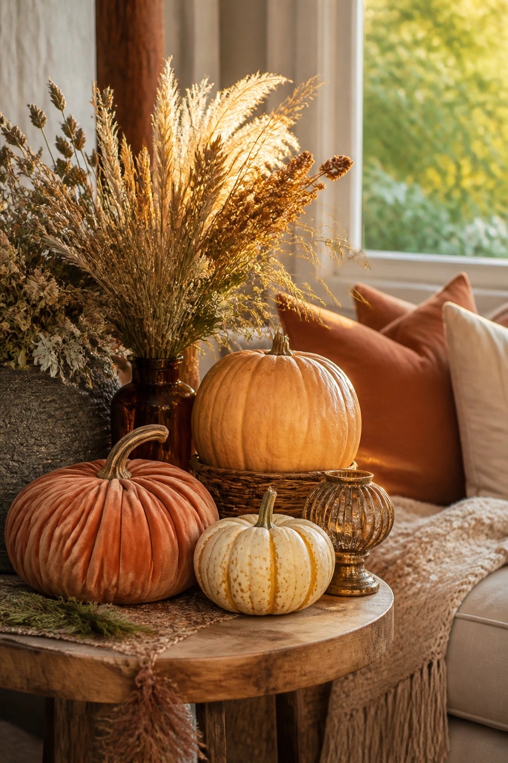 Orange velvet pumpkins, striped gourd, dried grasses and lantern on wooden table