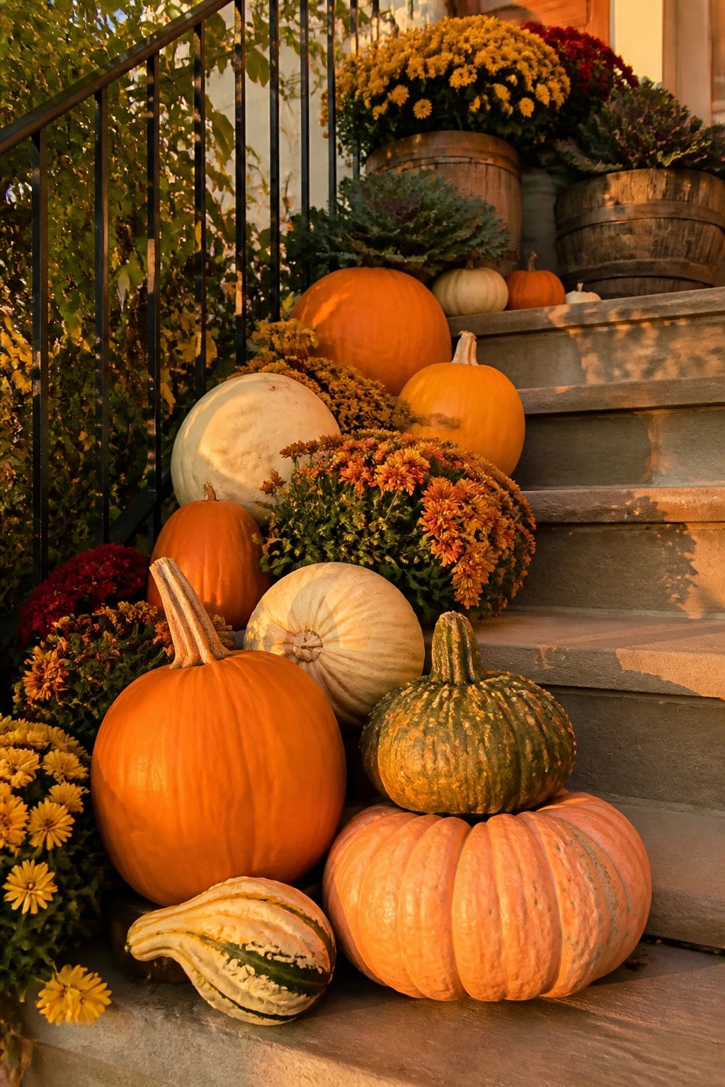 Stone outdoor steps lined with orange, white, and green pumpkins of various sizes along with orange and yellow mums.