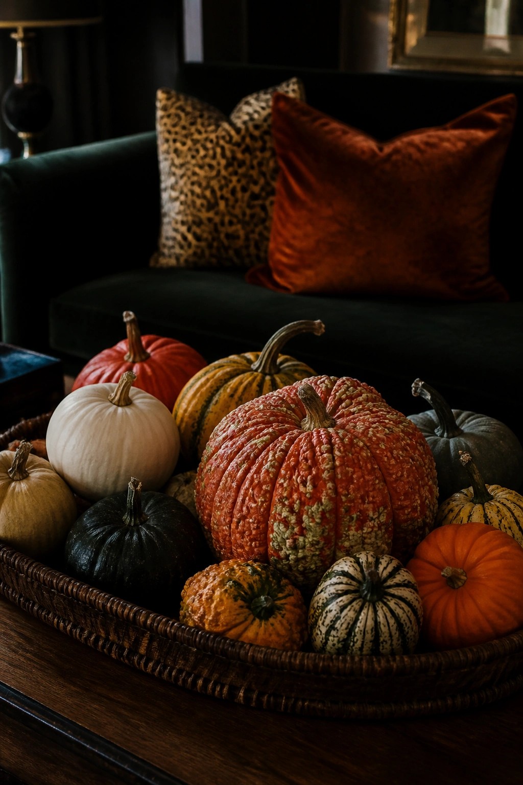 Basket of colorful pumpkins before a dark green couch with orange and leopard pillows.