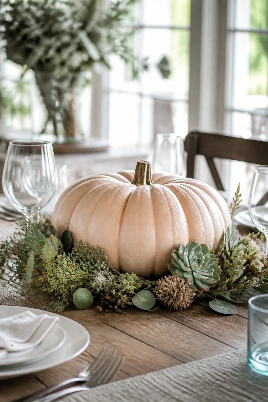 A pale pumpkin sits as the centerpiece on a wooden dining table surrounded by greenery and a succulent.