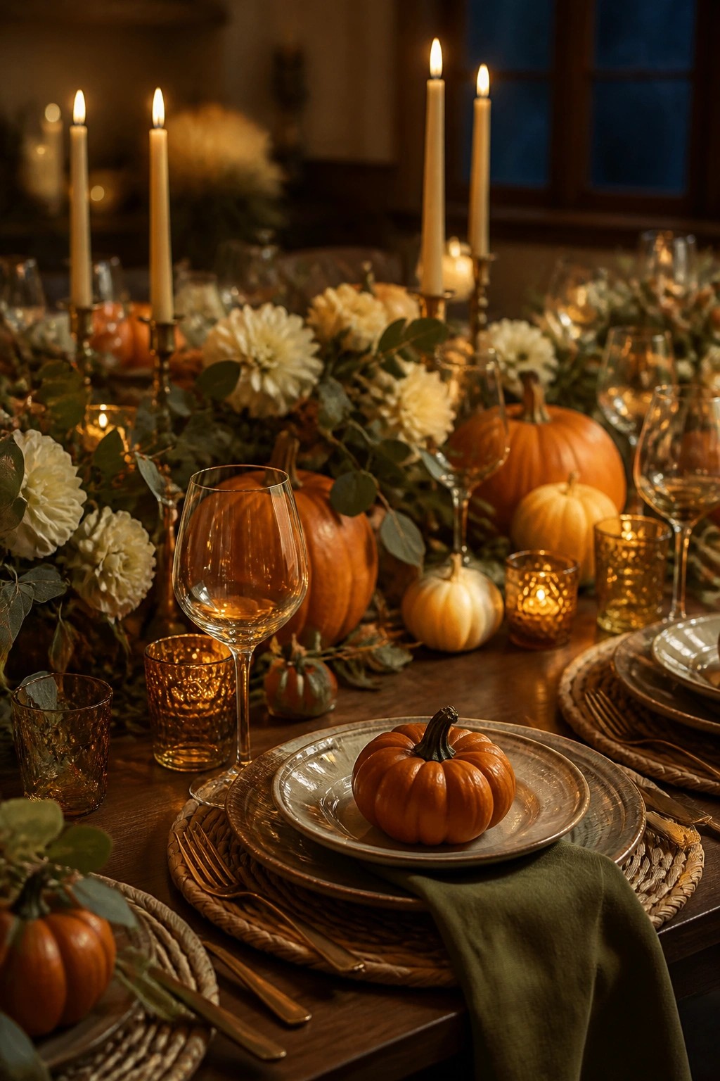 Dining table set with small pumpkins placed directly on plates at each seat, surrounded by larger pumpkins, white flowers, and candles.
