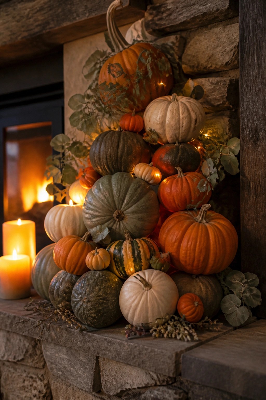 Stone fireplace mantel filled with stacked pumpkins of various sizes and colors, some illuminated by candles and string lights.