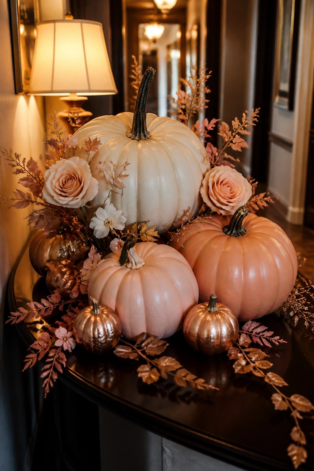 Dark console table holding a large white pumpkin surrounded by smaller blush and metallic pumpkins with pink roses and autumn foliage.