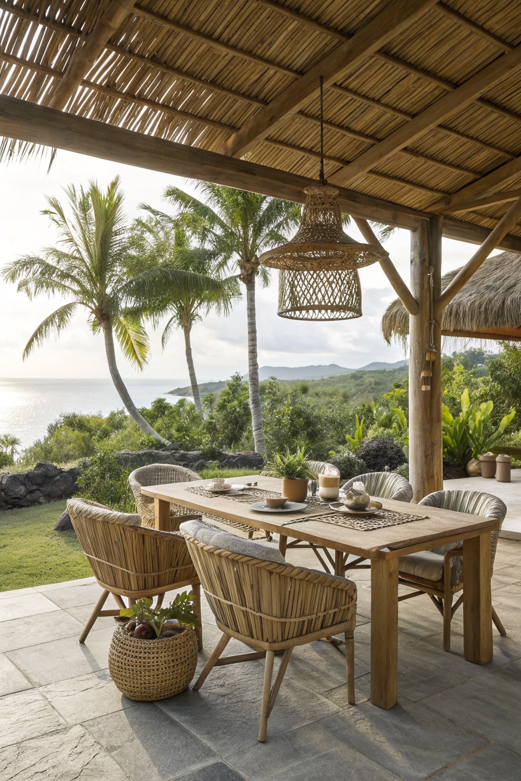 An outdoor dining area under a thatched roof with a wooden table, woven rattan chairs, and a view of palm trees and the ocean.