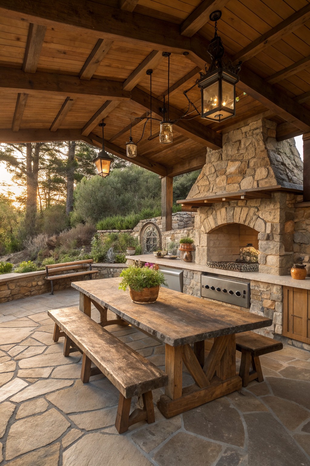 Rustic wooden table on flagstone patio near stone fireplace with hanging lanterns