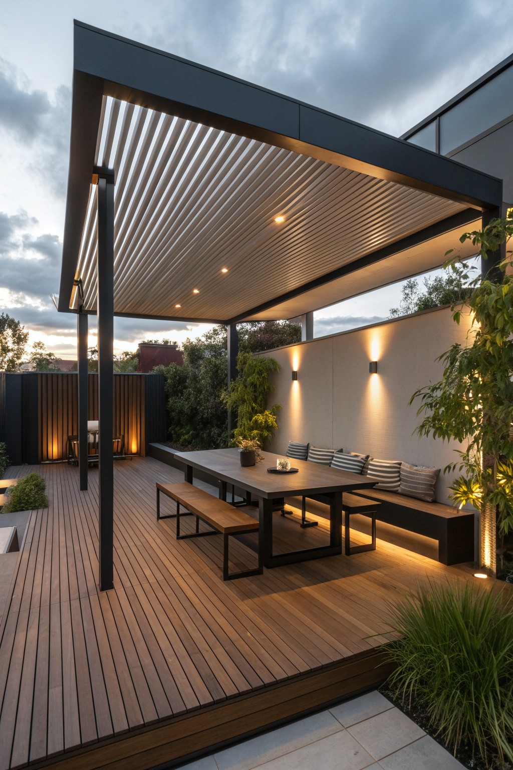 Outdoor deck with a dark-framed pergola, long dining table, two benches, and a built-in bench with striped pillows along a light wall.