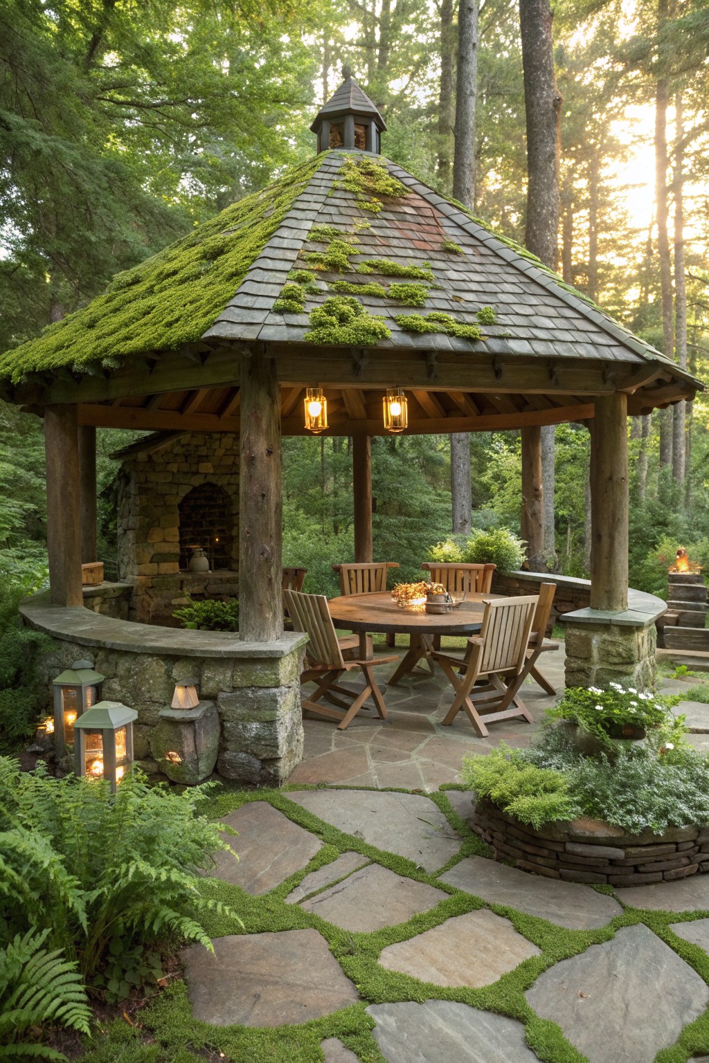 A wooden gazebo with a mossy roof shelters a round wooden dining table and chairs on a stone patio surrounded by forest.