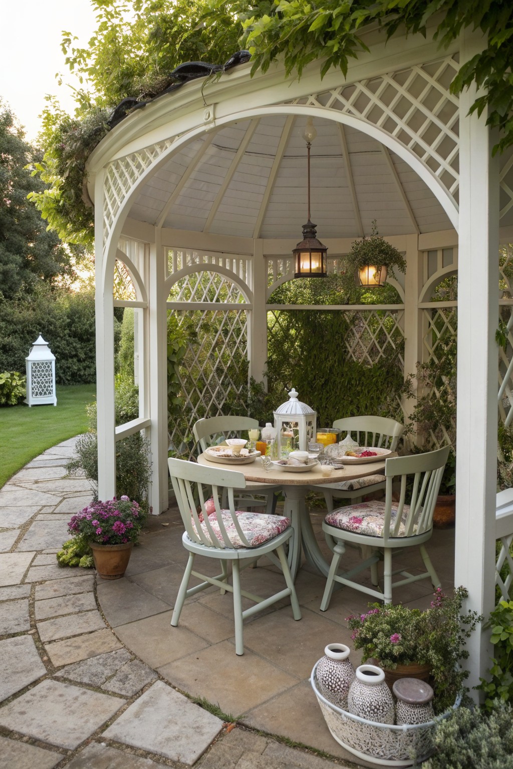 A white gazebo with lattice panels shelters a round table set for four, surrounded by light green chairs and a hanging lantern.