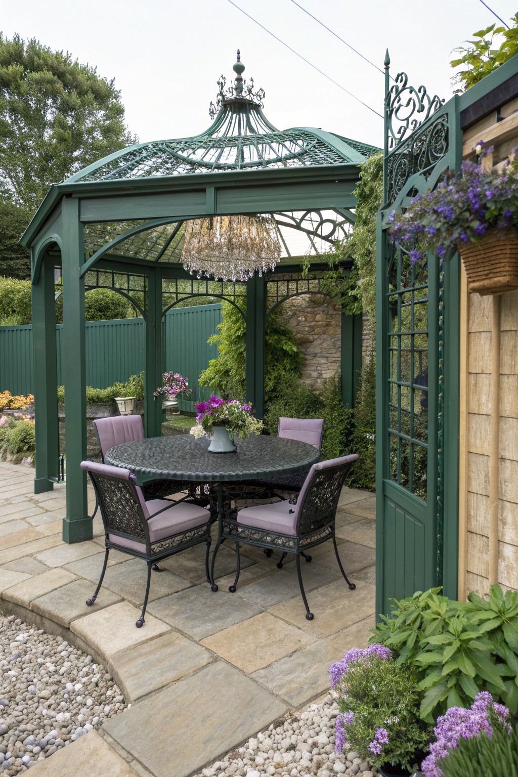A green ornate gazebo with a round dining table and four chairs set on a stone patio, surrounded by garden plants and flowers.