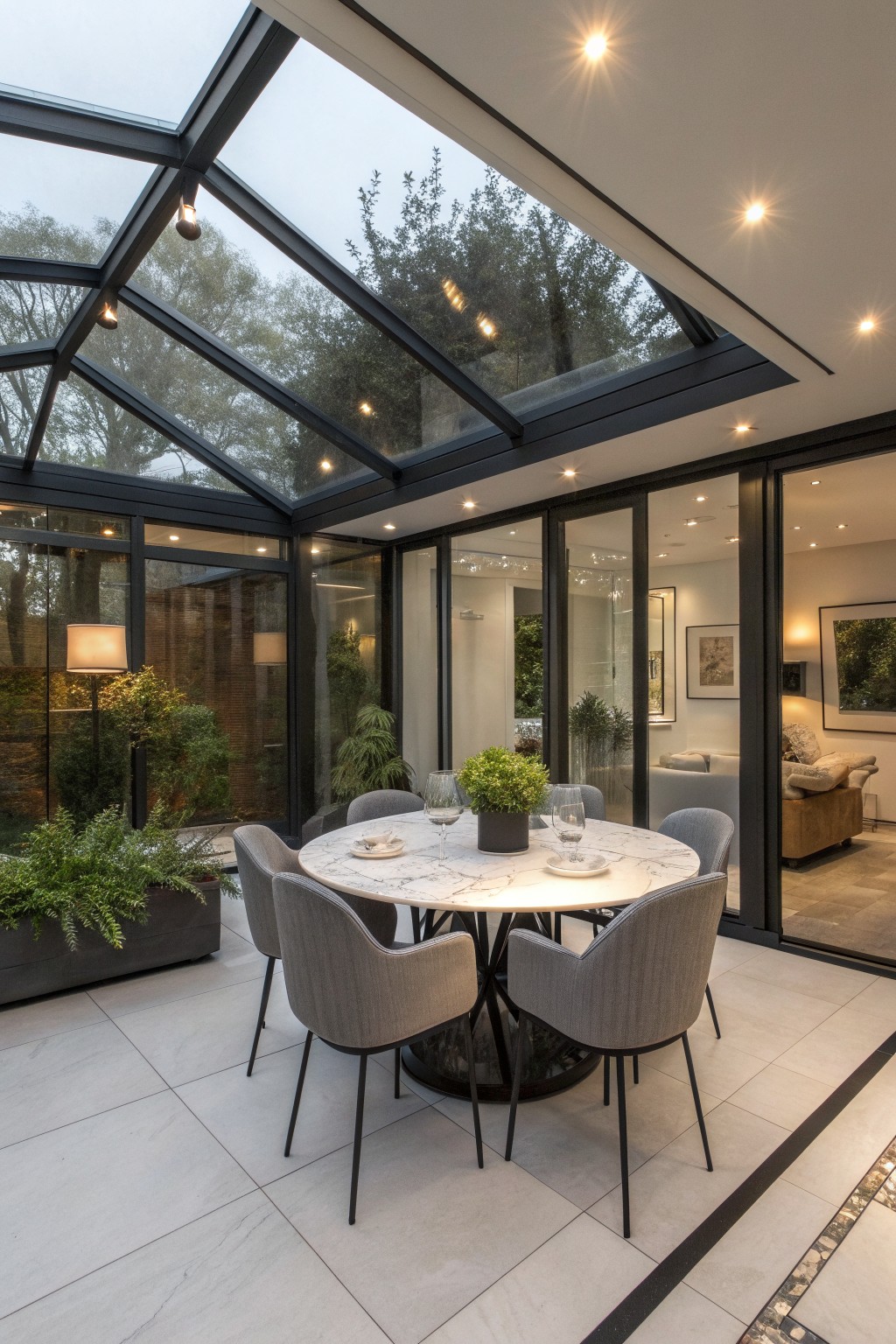Modern round marble dining table with gray chairs in glass conservatory overlooking garden
