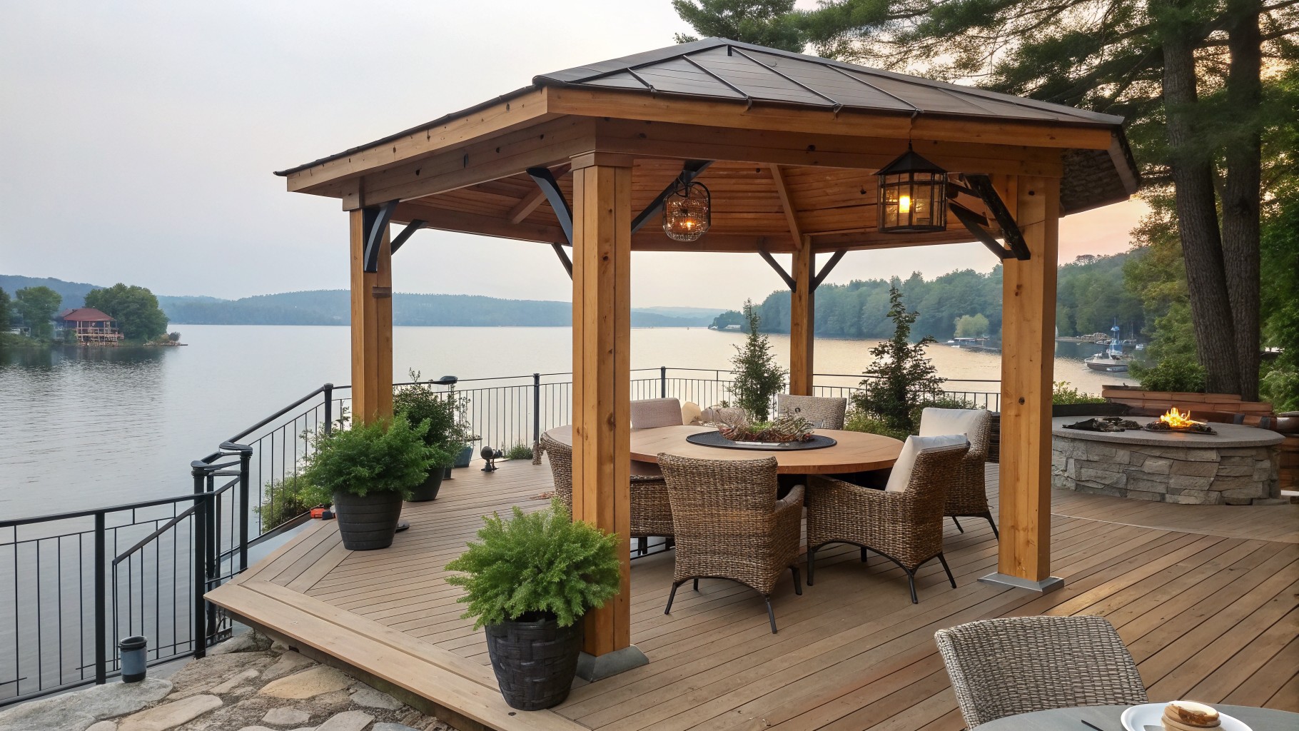 Wooden gazebo with round table, wicker chairs, and hanging lantern overlooking lake at sunset