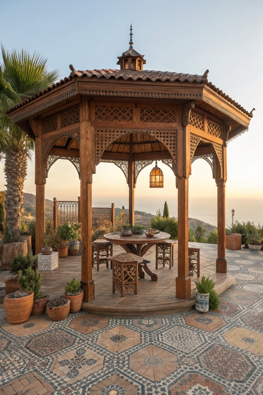 A wooden gazebo with carved details and a round dining table inside it on a patterned tile patio overlooking the sea.