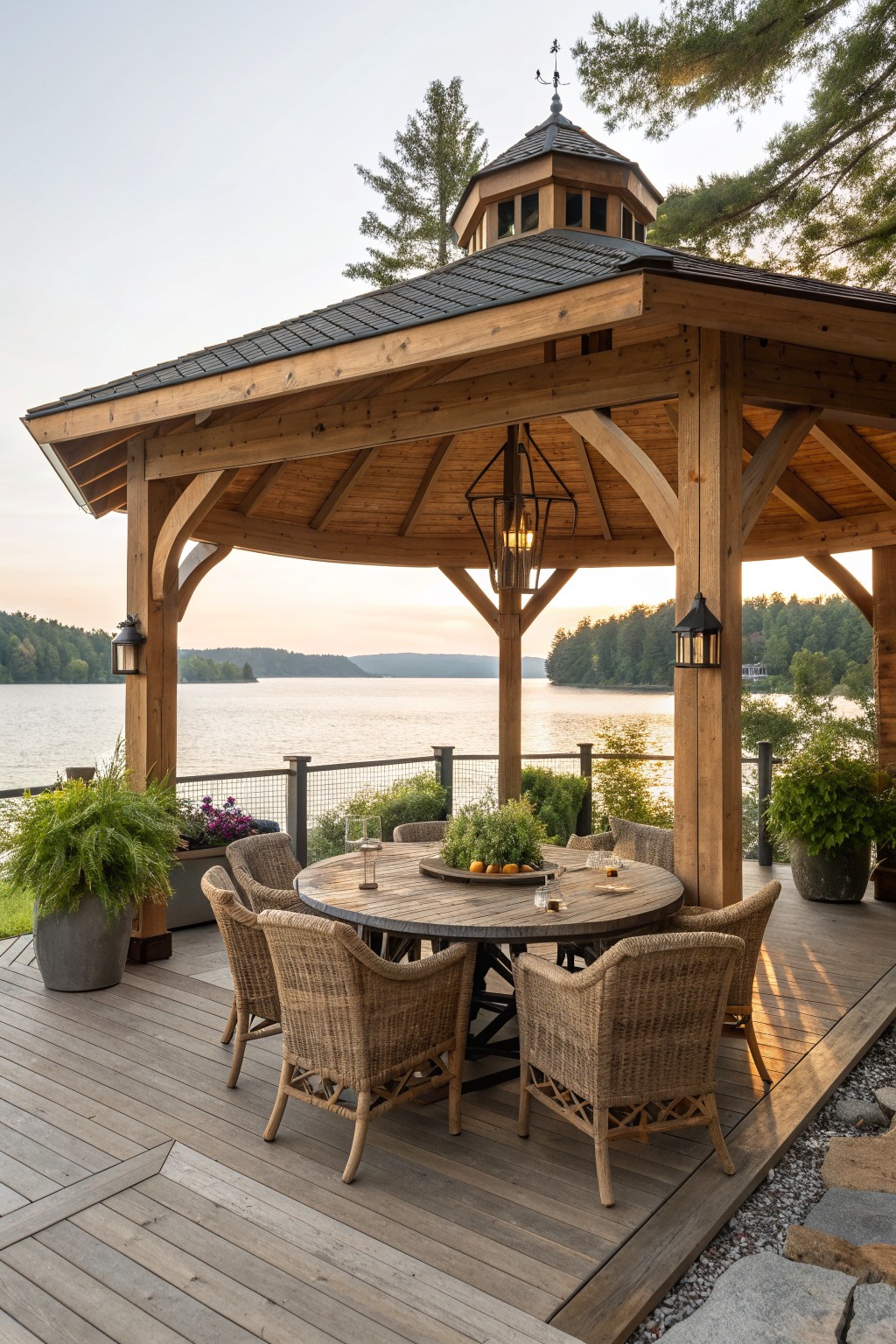 Wooden gazebo with round table, wicker chairs, and hanging lantern overlooking lake at sunset
