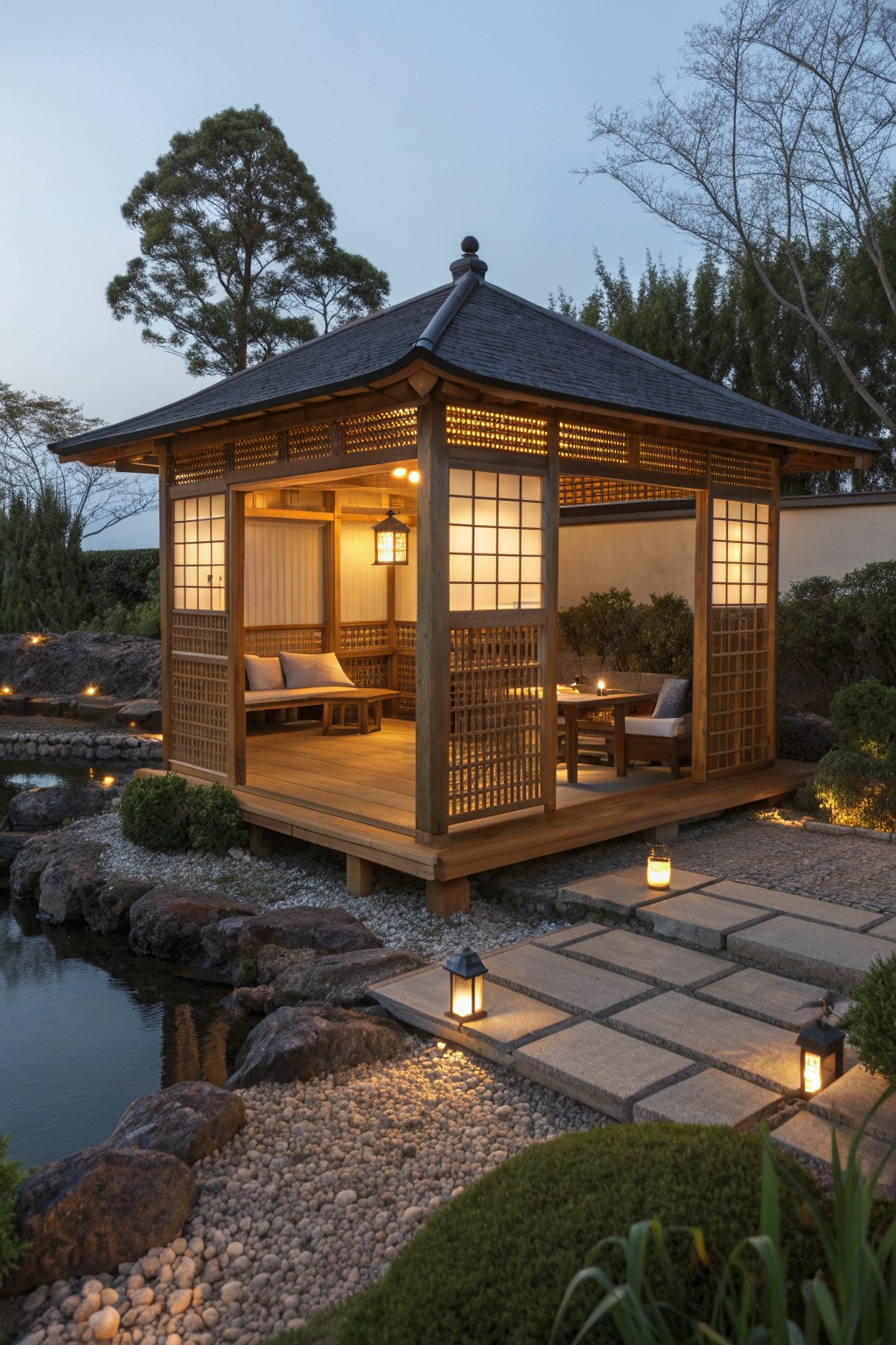 A wooden gazebo with shoji-style panels contains a dining table and built-in bench, set beside a pond with stone path and lanterns at dusk.