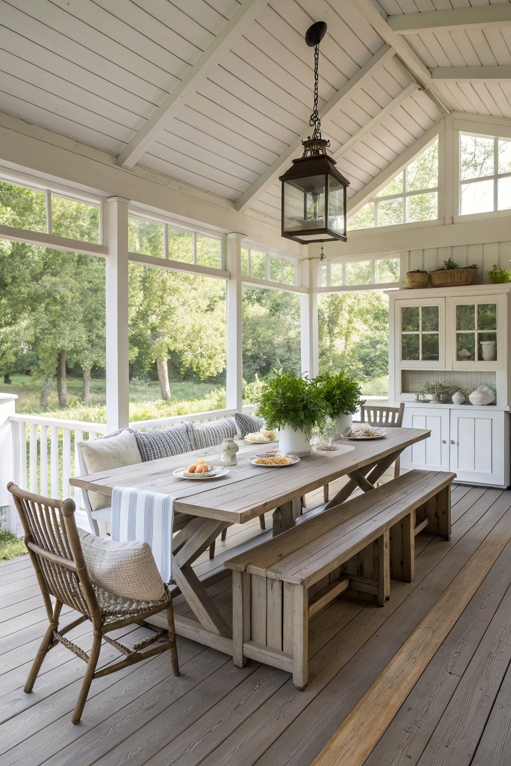 A long wooden dining table with benches on one side and chairs on the other sits in a screened porch with a hanging lantern overhead.