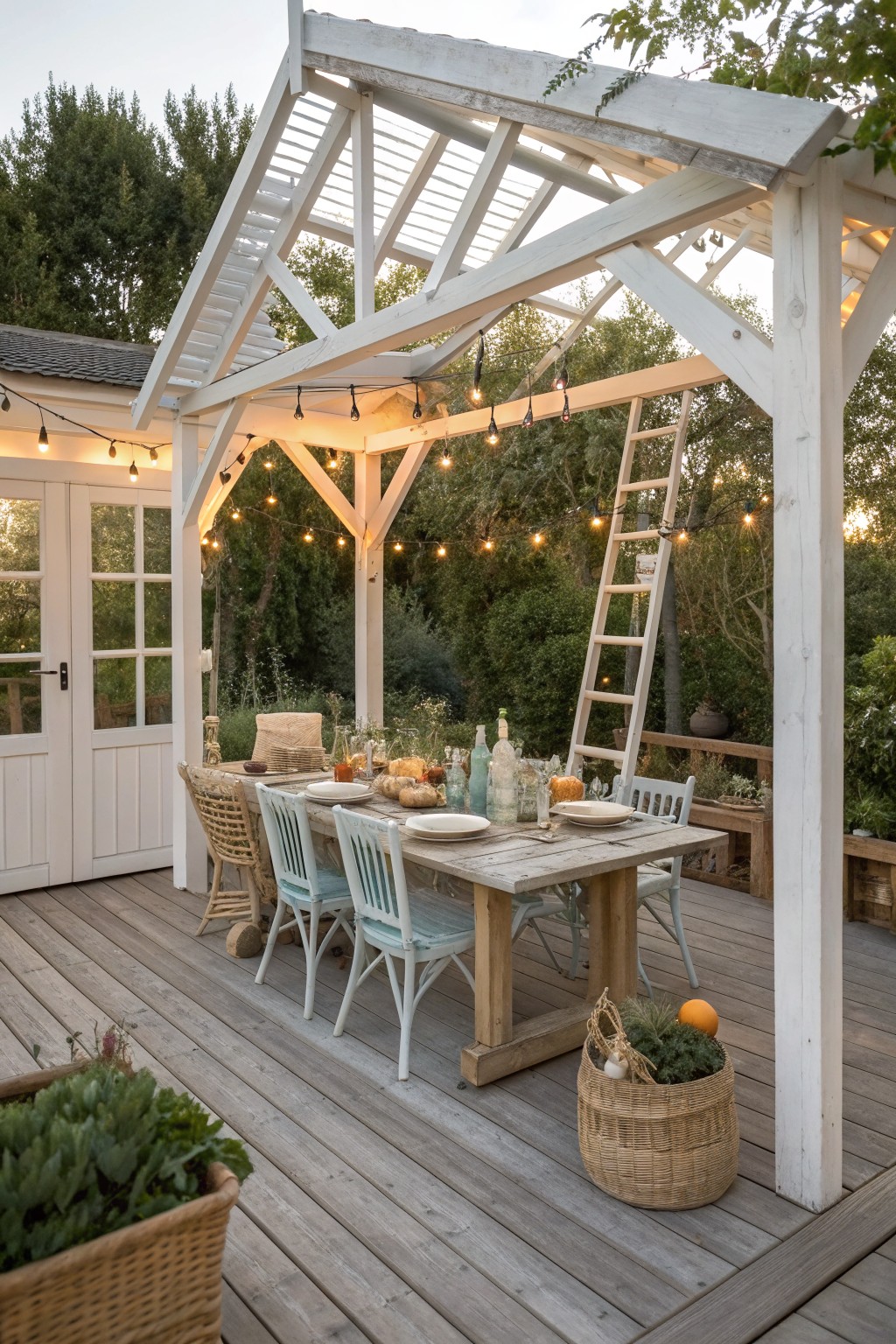 A white wooden pergola with string lights covers a rustic wooden dining table and mismatched chairs on a gray deck surrounded by greenery.
