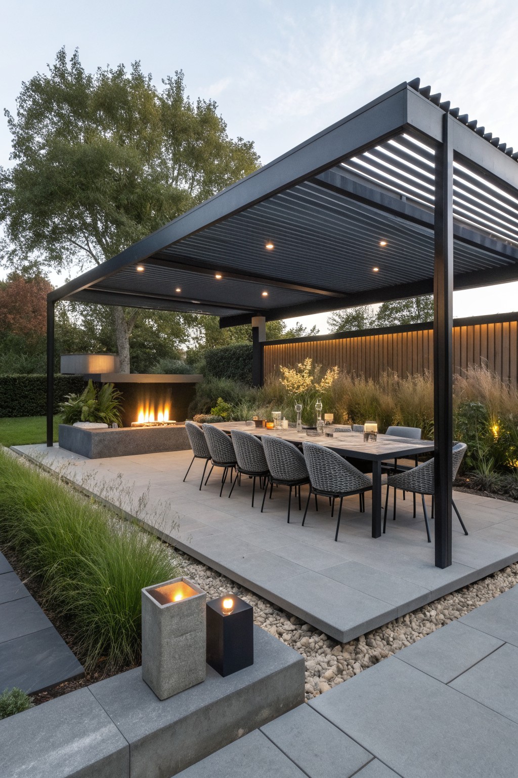 A black metal pergola with slatted roof and recessed lights covers a long dining table and chairs on a paved patio beside a concrete fire pit and garden beds.