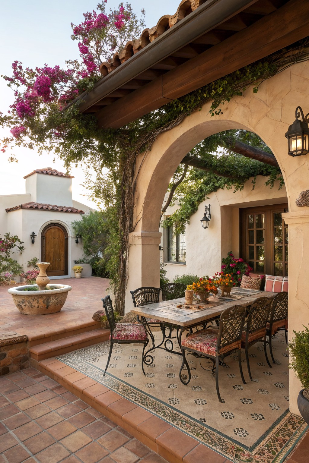 A long stone dining table with metal chairs sits on a patterned rug beneath a stucco arch on an outdoor patio, with climbing vines overhead.