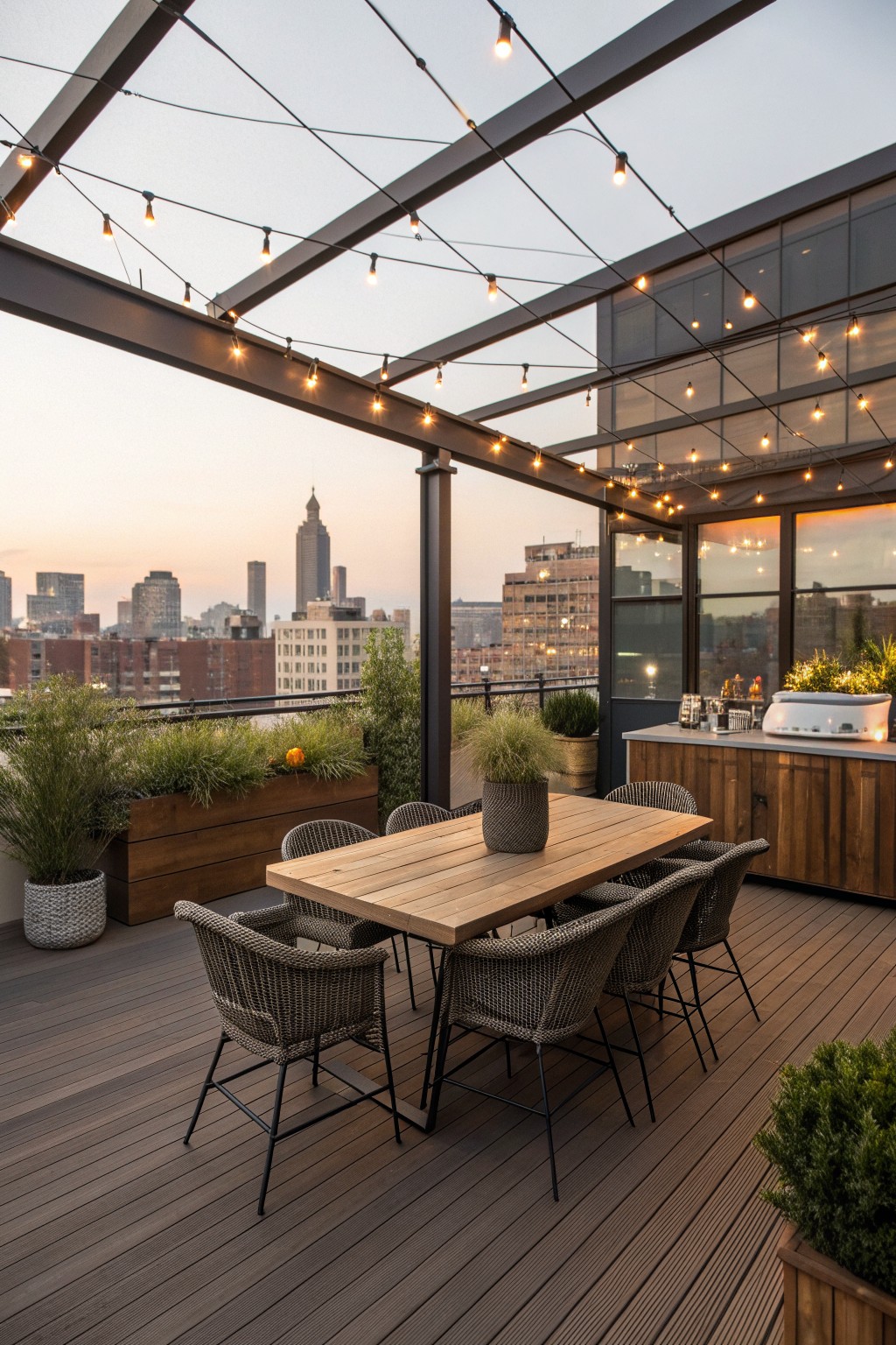 A rooftop terrace features a long wooden dining table with woven chairs under string lights on a dark metal frame, with planters and a bar area nearby and city buildings visible beyond.