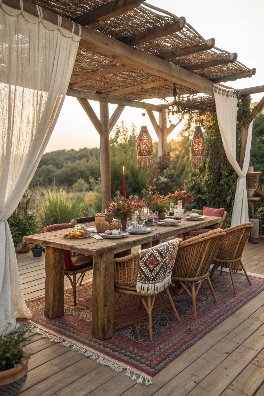 A wooden pergola with a thatched roof covers a long dining table set with plates, flowers, and wicker chairs on a rug-covered deck.