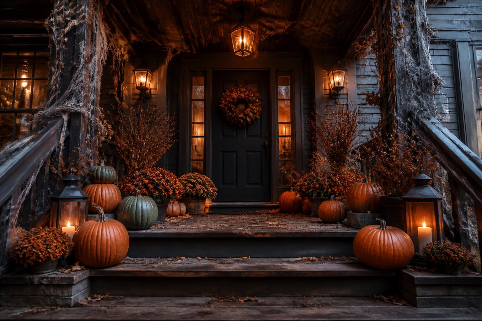Stone front porch steps lined with orange and black pumpkins, glowing lanterns, and potted plants, with a black crow perched on the railing.