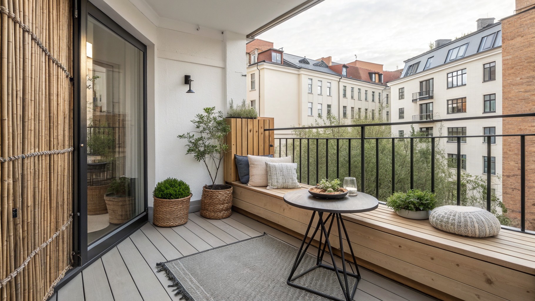 Cozy balcony with wooden bench, round table, woven baskets and potted plants.