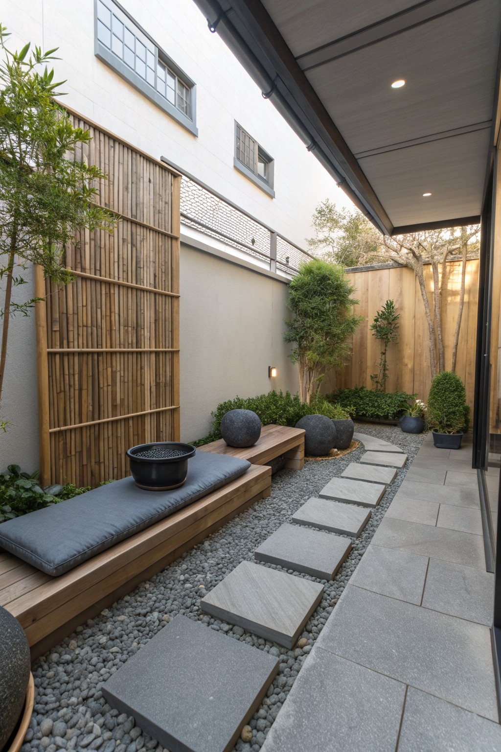 A narrow outdoor patio with a long wooden bench topped with gray cushions, set against a wall beside a gravel path with stone stepping stones.