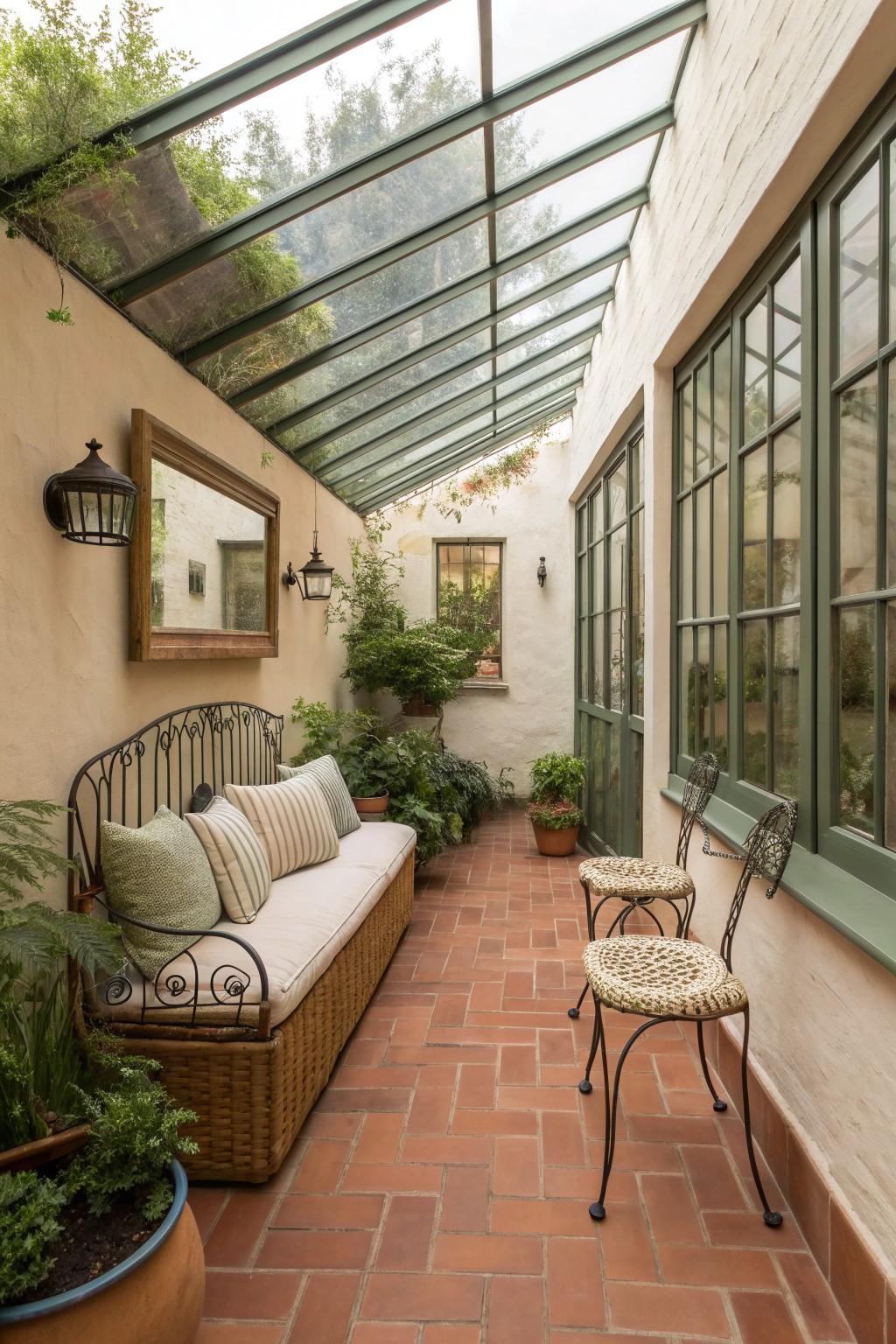 A narrow covered patio with red brick flooring, a cushioned wicker bench along the left wall, two metal chairs on the right, potted plants, and a glass roof overhead.