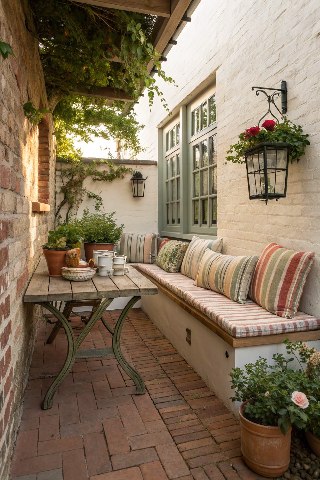 A narrow brick patio with a built-in bench topped with striped cushions and pillows, a rustic wooden table holding potted plants, and climbing vines along the walls.