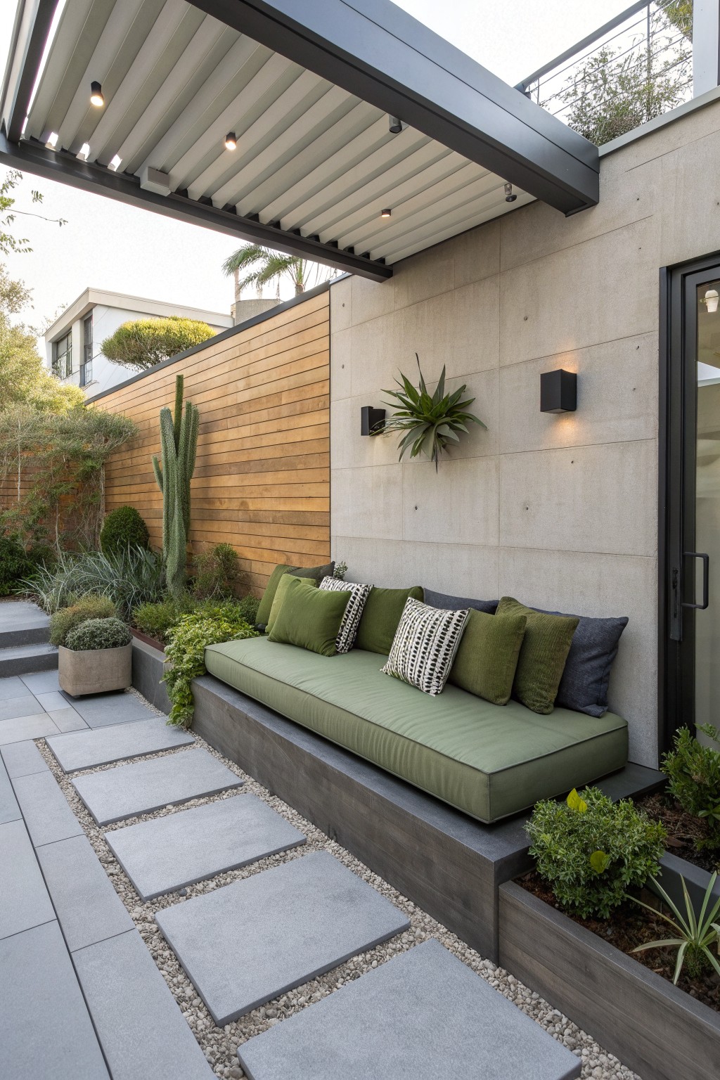 A long built-in bench with green cushions sits against a concrete wall on a narrow patio, with a gravel path and stepping stones in the foreground.
