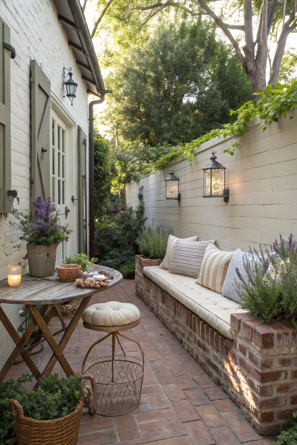 Cozy brick patio with cushioned bench, striped pillows, wooden table, and lanterns
