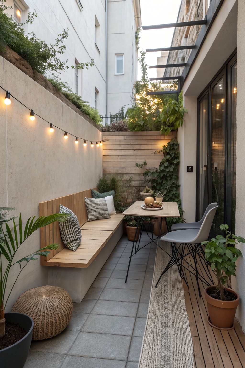 A narrow outdoor patio features a long built-in wooden bench with cushions along a concrete wall, a small square table with two modern chairs, potted plants, and string lights overhead.