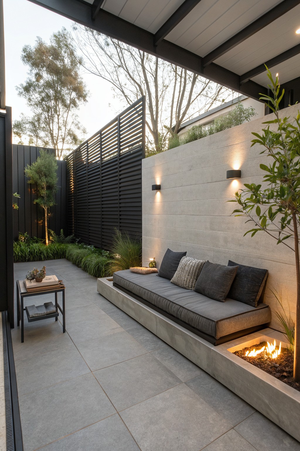 A narrow outdoor patio with a long built-in concrete bench holding dark cushions, an integrated fire pit at one end, and wall lights on a gray concrete wall.