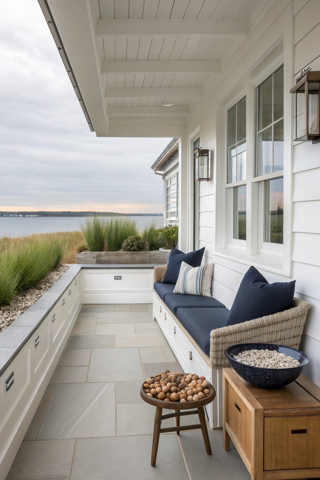 White porch with navy bench cushions overlooking calm water at dusk.