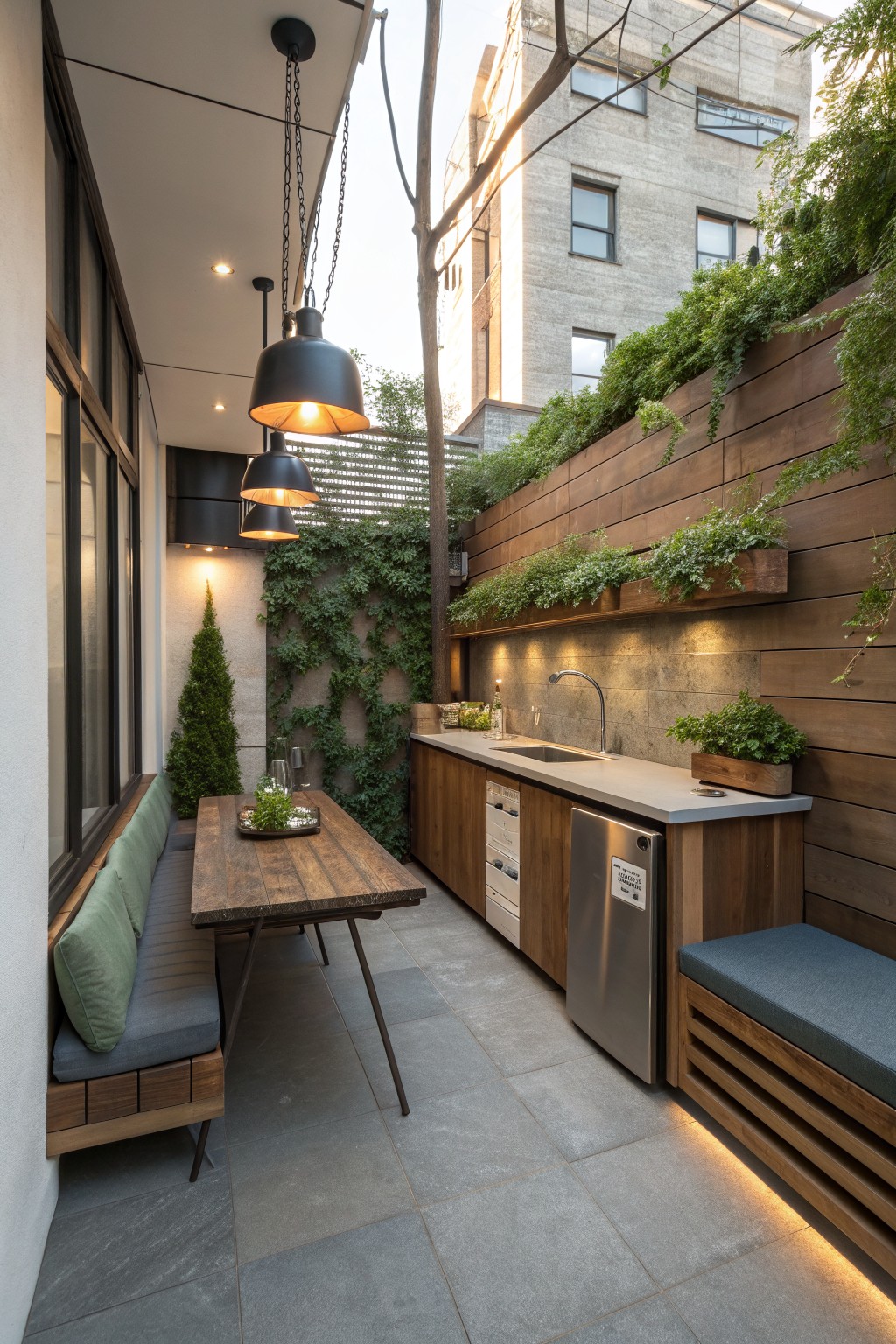 Modern outdoor kitchen patio with wooden table, benches, pendant lights, and greenery.