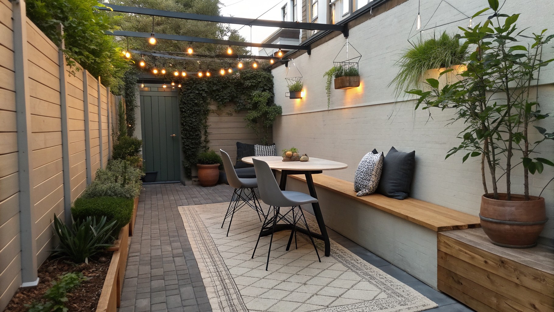 A narrow outdoor patio features a long built-in wooden bench with cushions along a concrete wall, a small square table with two modern chairs, potted plants, and string lights overhead.