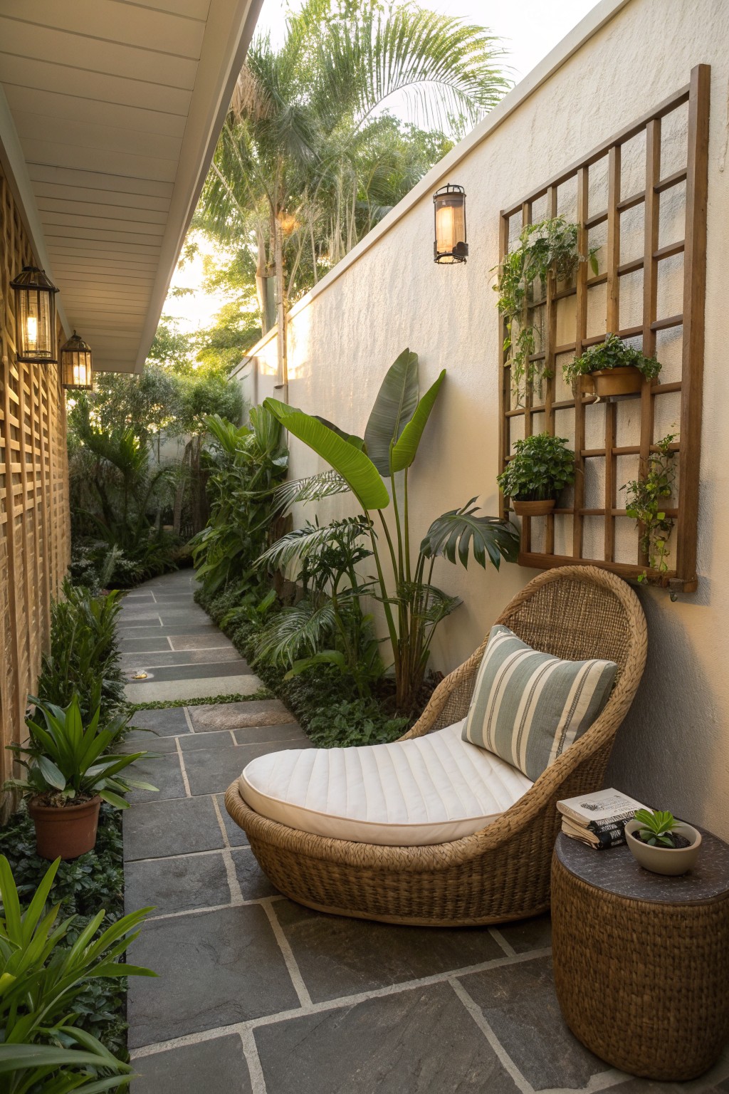 A narrow stone patio path lined with tropical plants features a large woven lounge chair with a striped pillow against a white stucco wall next to a wooden plant trellis.