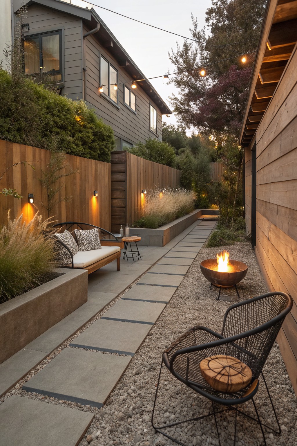 A narrow side patio features a linear path of concrete pavers set in gravel, with a cushioned bench on the left and a metal fire pit on the right.