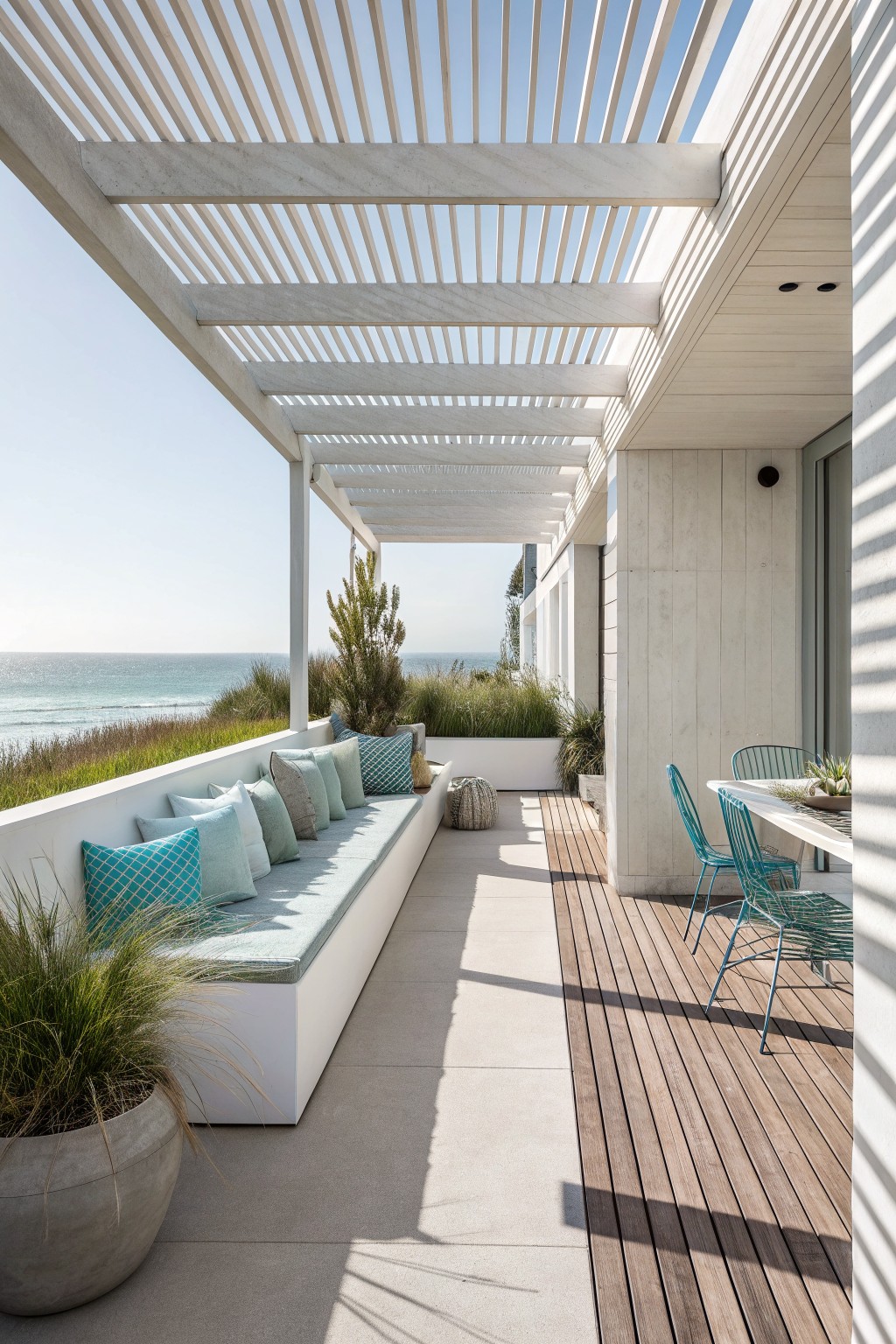 A narrow patio with a long built-in bench covered in light cushions on the left side and a wooden dining table with turquoise metal chairs on the right, under a white slatted pergola overlooking the ocean.