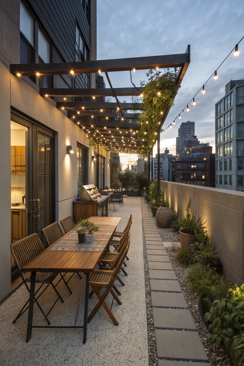 A narrow urban patio with a long wooden dining table and chairs under a pergola with string lights, next to a gravel path lined with potted plants.