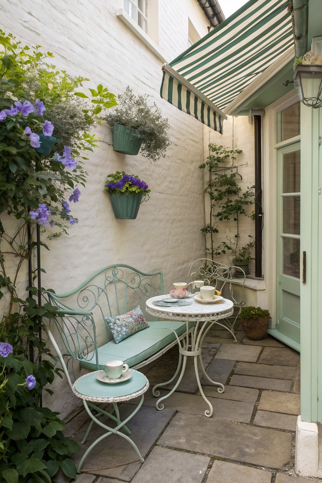 A narrow paved patio with a mint green metal bench, round tables, and multiple wall-mounted planters holding flowers and greenery against a white brick wall.