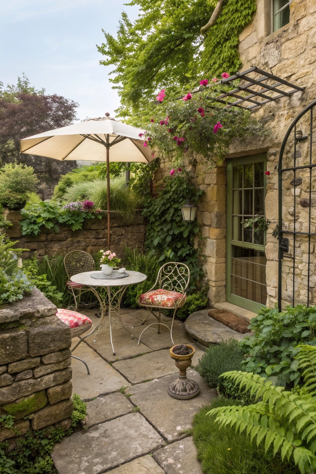 A small stone patio with a round table, two chairs, and a large umbrella, surrounded by climbing vines on the walls and a trellis above a green door.