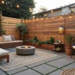 Outdoor patio enclosed by tall horizontal wood slat fences with string lights, showing built-in bench seating, wicker chairs, and a woven fire pit on stone pavers.
