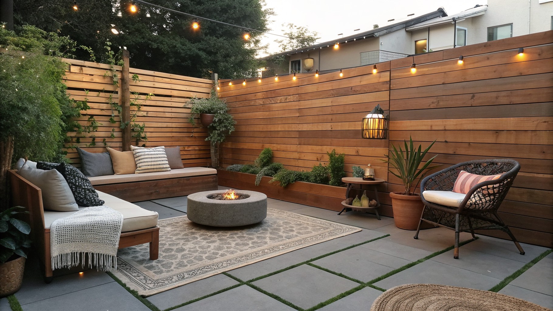 Outdoor patio enclosed by tall horizontal wood slat fences with string lights, showing built-in bench seating, wicker chairs, and a woven fire pit on stone pavers.