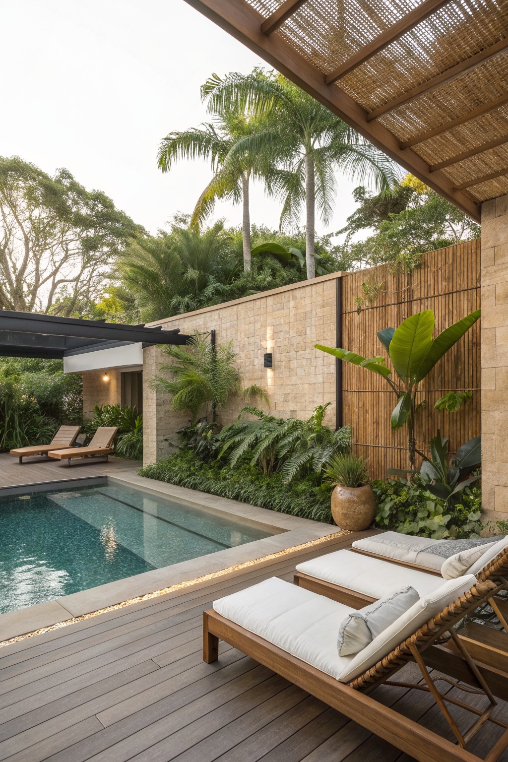 An outdoor patio with wooden lounge chairs on a deck beside a swimming pool, bordered by a stone wall and bamboo screen with dense tropical plants.