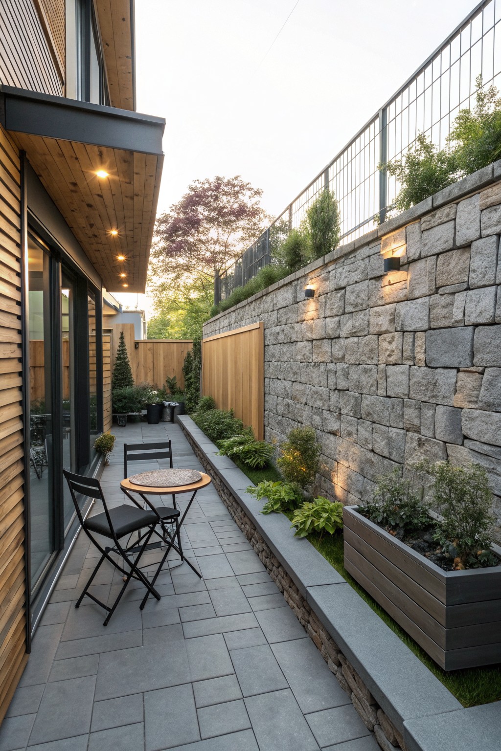 Narrow outdoor patio with gray pavers next to a tall stacked stone wall with sconces and a wooden planter box, beside a modern house with large sliding glass doors.