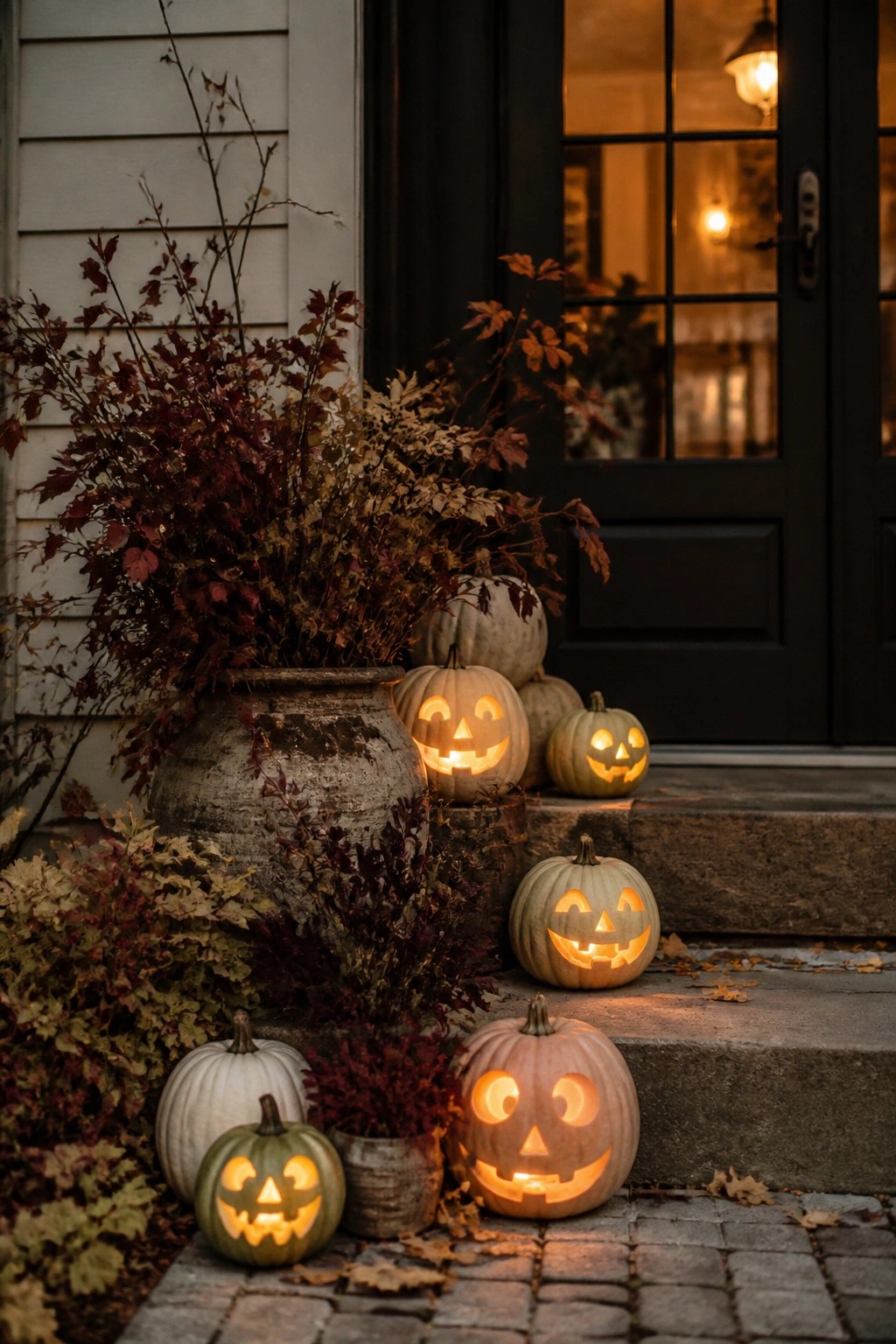 Front entry with several lit jack o' lanterns of different sizes arranged on the steps and ground beside a dark door.